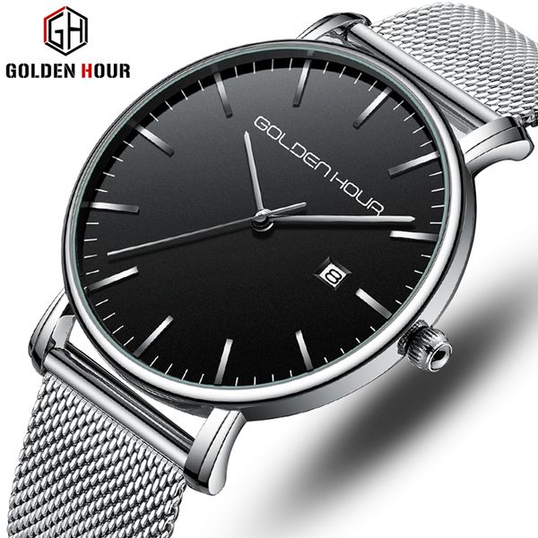 

reloj hombre goldenhour stylish simplicity menwatch mesh steel strap male clock waterproof man wrist watches relogio masculino, Slivery;brown