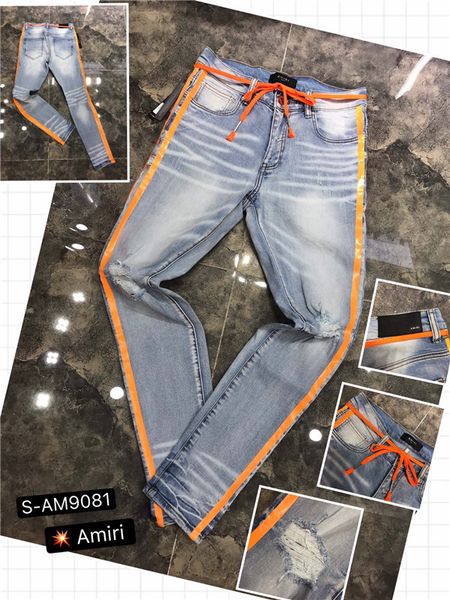 

2020 new slim fit straight jeans men's denim pants metal needle embroidered patches damaged faded five pocket clement fit jeans slim fi, Blue