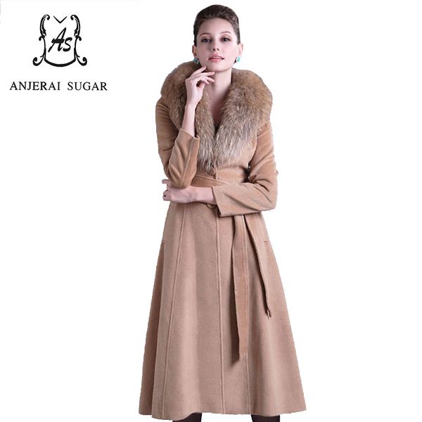 

winter christmas coat women cashmere wool casaco feminino woollen overcoat jacket slim big real fur collar slim manteau coat, Black