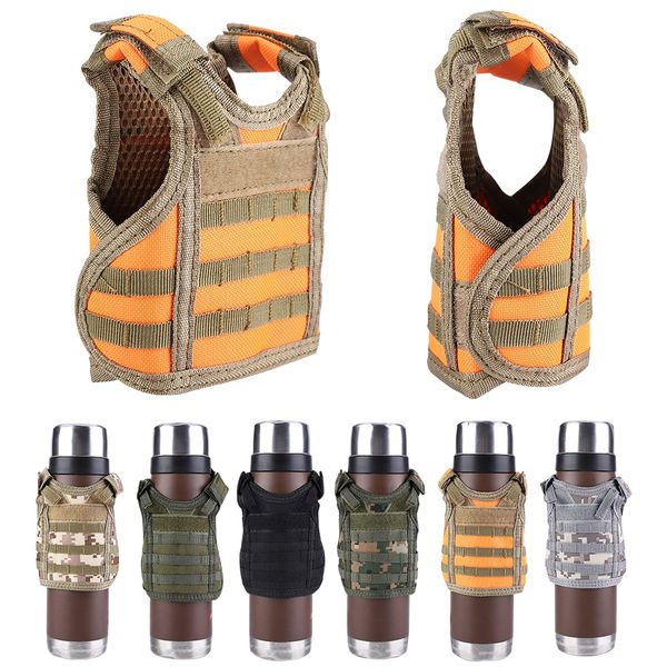 

tactical vest layer beer bottle set mini molle vest hunting bottle drink set adjustable shoulder straps bottles holder, Camo;black