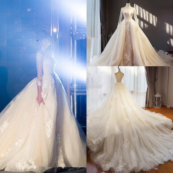 

long illusion sleeves overskirts wedding dresses blush pink beige sheer neck tulle lace applique chapel train lace up back wedding gowns, White