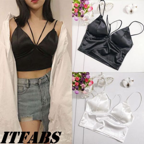 

women satin silk strap vests cami wrap chest crop underwear padded bra, White