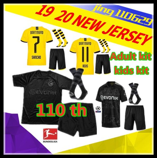 

110th bvb borussia dortmund kids kit soccer jersey 2019 2020 gotze reus brandt hummels jersey 19 20 paco alcacer football, Black