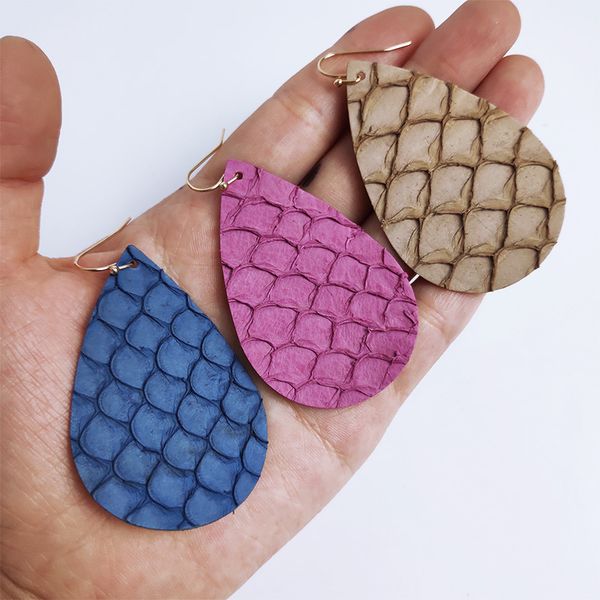 

cpop рыбья кожа шаблон кожаные серьги для женщин натуральная кожа текстурированная простая мода слеза падение серьги поставки производителей, Silver