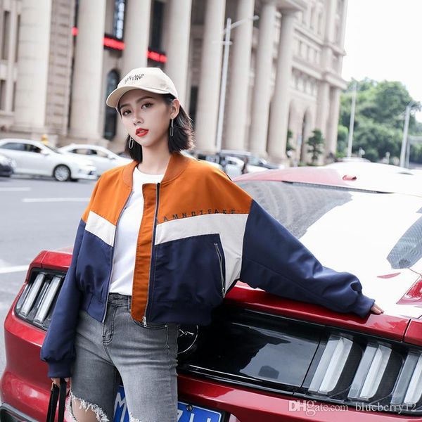 

womens jacket zip up letter print jacket long sleeve stand collar coat colorblock women crop autumn style casual jackets, Black;brown