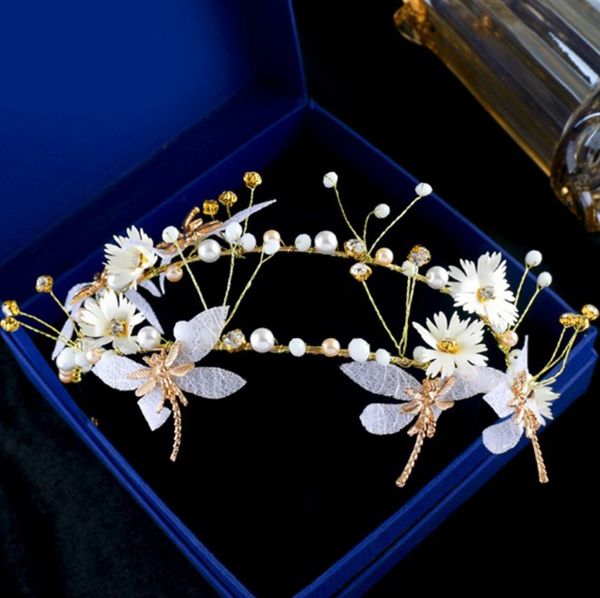 

crystal pearl white flower dragonfly bride headbands women princess wedding hair jewelry tiara hairbands hair accessories crown, Golden;white