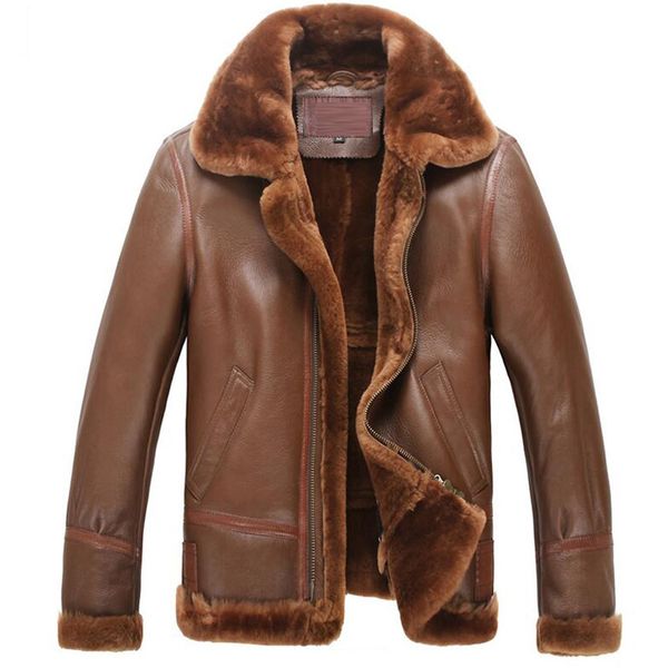 

men's shearling coat genuine leather outerwear men b-3 bomber leather jacket outwear flight jacket pilot tj44, Black