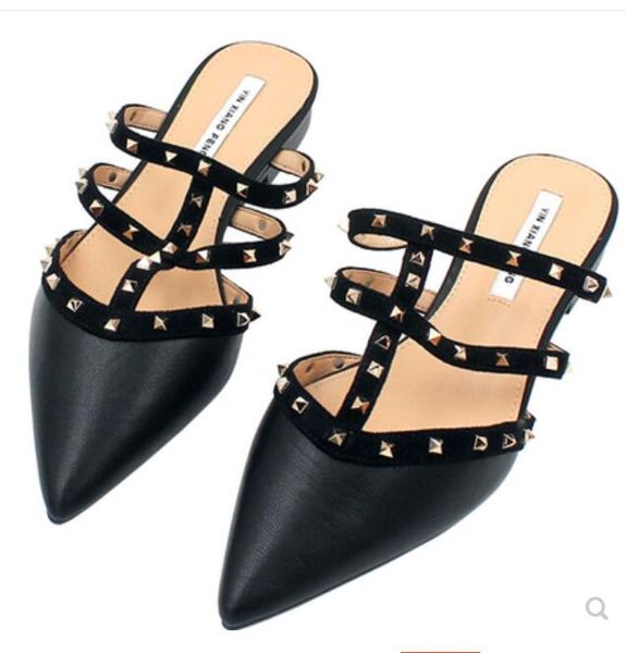 

2020 brand summer female slippers outside wear metal rivet pointed flat bottom baotou fashion joker temperament half slippers, Black