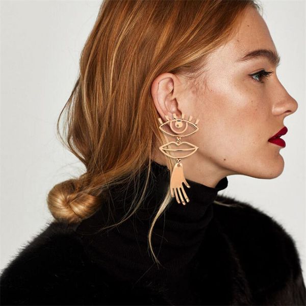 

abstract art gold color chic palm statement dangle earrings hyperbole big eyes tassel earring for women fashion bijoux 2017, Silver