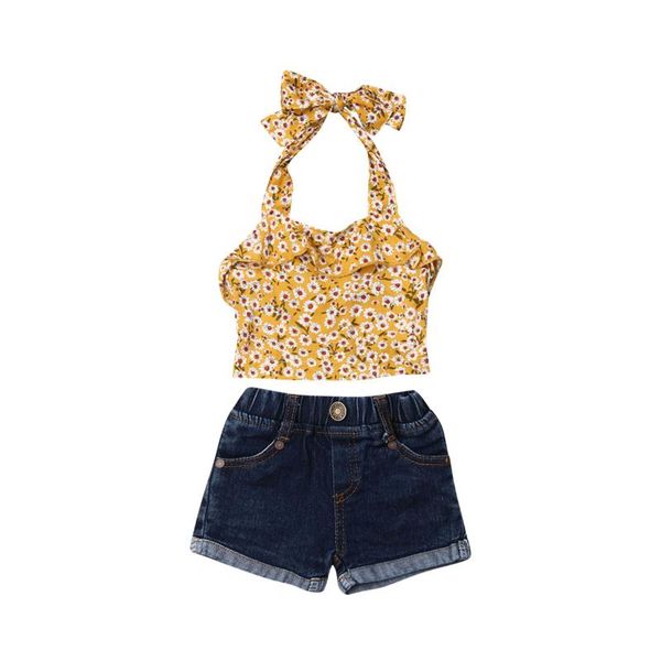 

pudcoco summer toddler baby girl clothes flower print strap denim short pants 2pcs outfits clothes summer, White