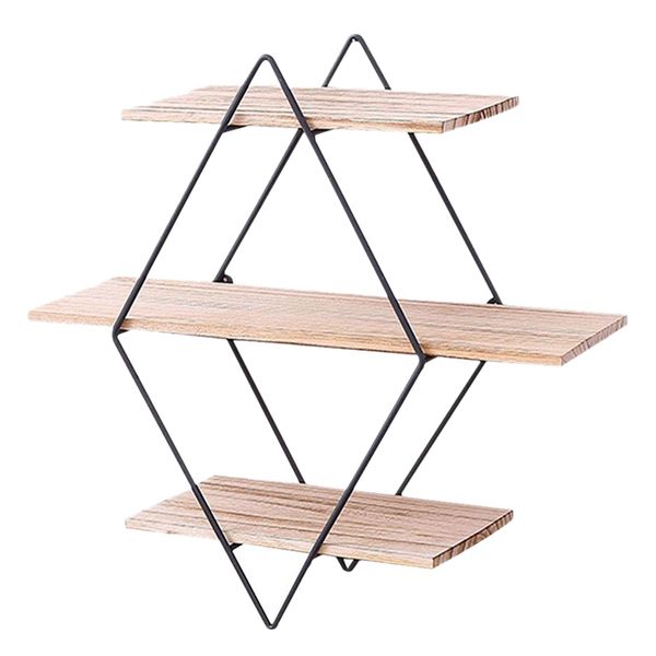 

new antique wood wall floating storage racks display stand shelf decorative wall frame 3 layers geometric diamond