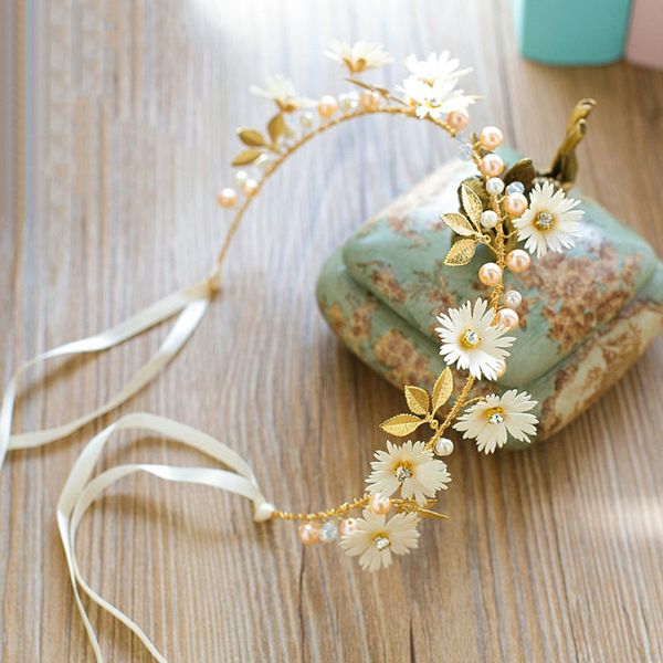 

women white/red daisy flower gold leaf headband ribbon wreath floral bridal hairband tiaras wedding garlands hair accessories sl, Golden;silver