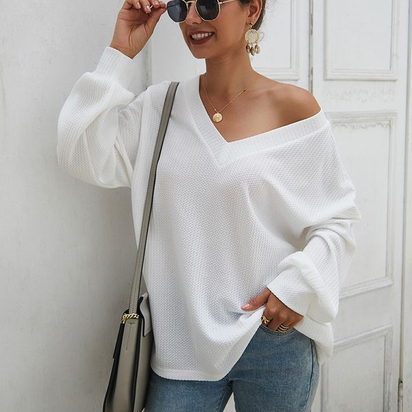 

whosong v neck knitted women pullover casual fashion long sleeve solid sweater autumn ladies loose jumpers streetwear, White;black