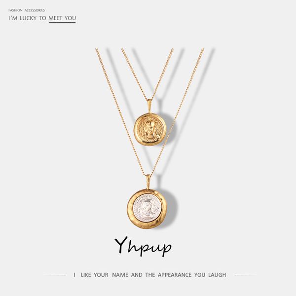 

yhpup charms round vintage carved portrait pendant double layer necklace 2018 golden baroque trendy metal necklace gift, Silver