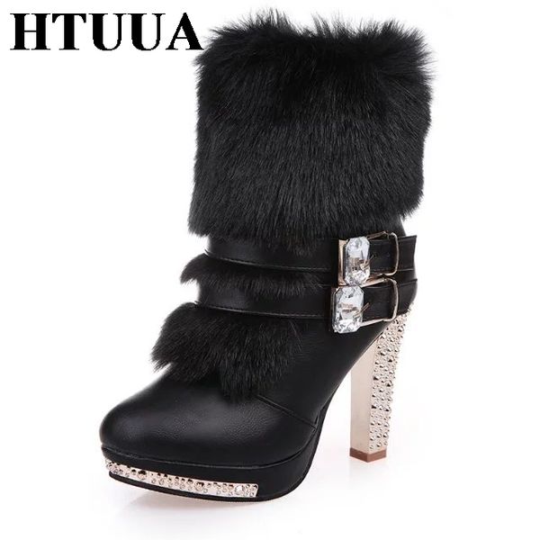 

htuua 2018 new fashion women ankle boots high heels punk platform winter boots warm fur plush inside ladies shoes sx618, Black