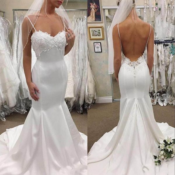 

spaghetti straps 2020 satin mermaid wedding dresses open back long bridal gowns lace appliques sweep train vestidos de novia ., White