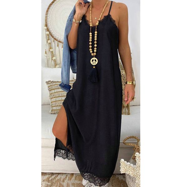 

feitong ladies lace spaghettiÂ strap long dress women summer sling solid party dress vestidos verano 2019 robe longue femme, Black;gray