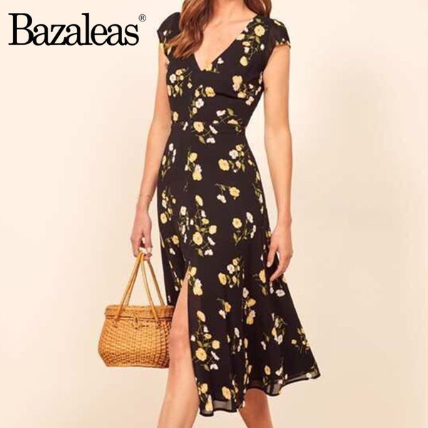 

bazaleas chic сторона сплит женщины dress france vestido cap рукавом платья старинные желтый цветочный принт черный женщины midi dress, Black;gray