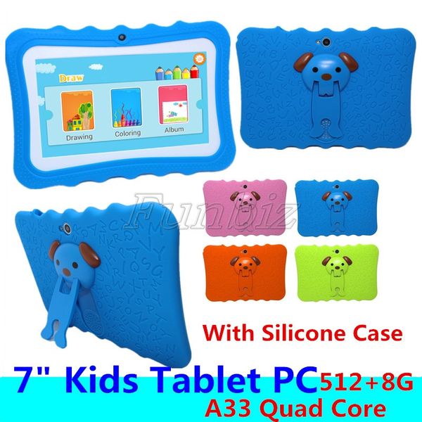 Günstiger Kinder-Tablet-PC 7 Zoll Allwinner A33 Quad Core 512 8 GB Kinder-Tablets Android 4.4 WLAN großer Lautsprecher + Silikonhülle Geschenk