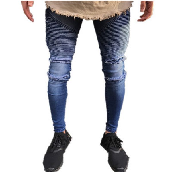 

2018 men's casual denim pants male party zipper washed jeans, Blue