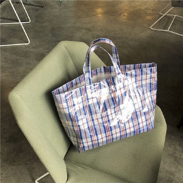 

women large capacity tote bag casual summer daily shopping bag female reusable plaid red blue handbags woven ins shouler bags