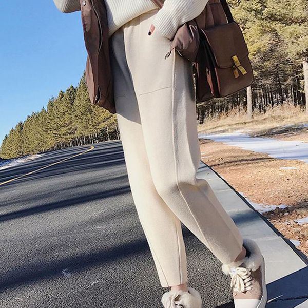 

women warm woolen trousers winter high waist women's harem pants women casual solid female long pants, Black;white