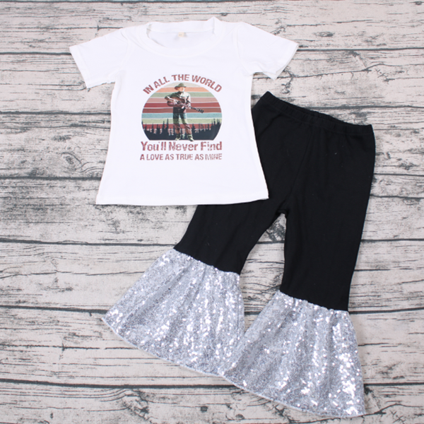

toddler girls fall style boutique out fit shorty sleeve with sequin bell botton pants country singer clothing set, White