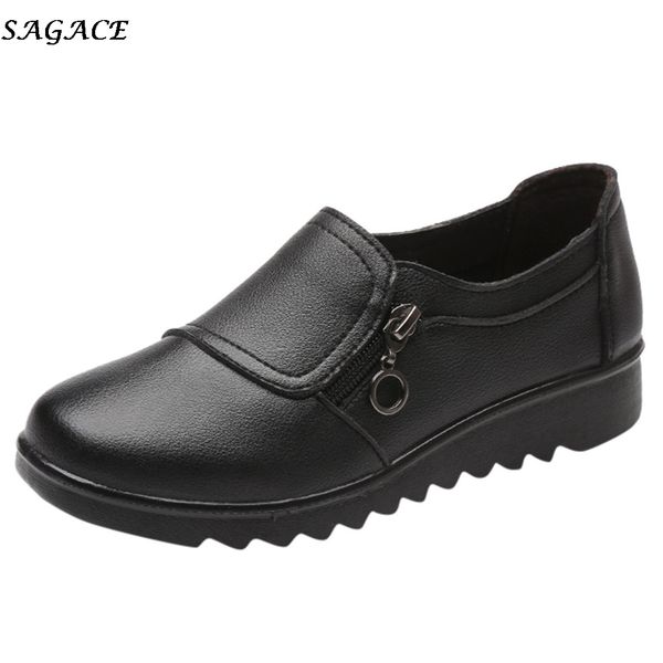 

sagace 2020 new women's fashion casual round toe solid colors zipper wedges leather work shoesigh wild shoes, Black