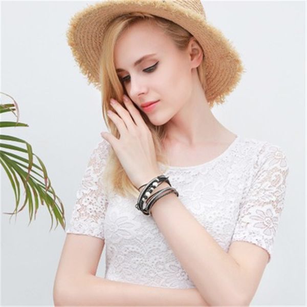 

new braided leather bracelet for women femme pearl cystal charm multilayer bracelets & bangles female jewelry, Black