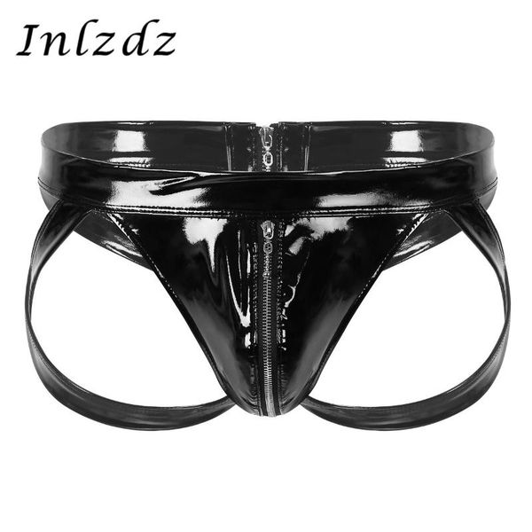 

mens underwear wet look patent leather lingerie briefs low rise bulge pouch back cut out double-ended zipper jockstrap315f, Black;brown