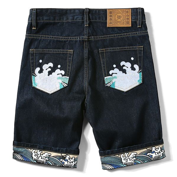 

summer new men's denim shorts tide brand personality embroidery trend large size loose printed straight jeans men, Blue