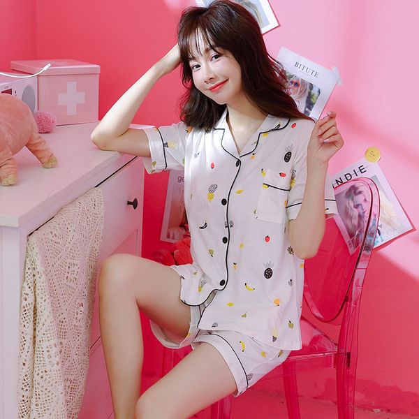 

summer women pajama set short sleeve female pure cotton sleepwear casual lapel cardigan patten print leisure pyjamas set 18005, Blue;gray
