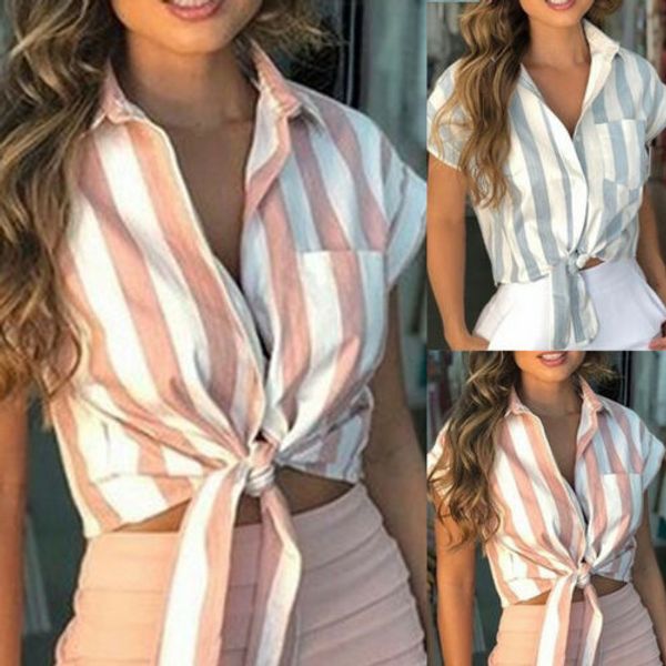 

women's casual stripe crop short sleeve button ol t shirt summer tee, White