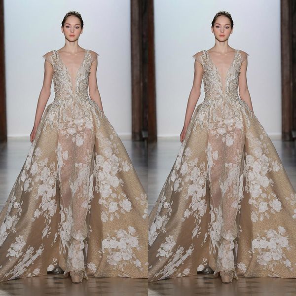 

тони уорд 2019 выпускного вечера платья с съемный поезд глубокий v шеи кружева бисером вечерние платья cap рукавом старинные пользовательски, Black