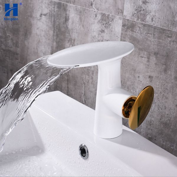 

hongdec modern design deck mount brass white bathroom sink faucet waterfall basin tap