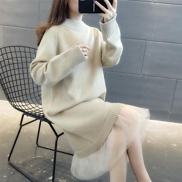 

5108u area 47] - real smedium length yarn mesh splicing wool dress 56, Black;white