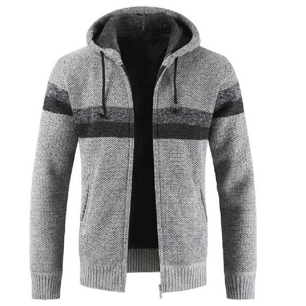 

hoodies knitted sweater wool liner zipper men autumn winter fleece coats male open stitch patchwork thicken warm hooded cardigan, White;black