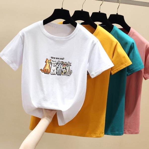 

2020 cat embroidery t- women's short sleeve loose student half sleeve base embroidery clothing t-shirt clothing shirt clothes fashion, White