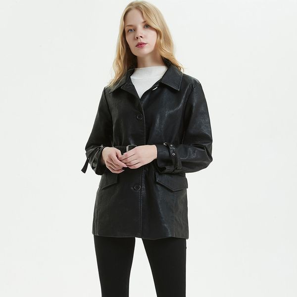 

women's leather & faux liva girl pu coat jacket women fashion patchwork medium length female motorcycle with belt autumn outerwear, Black