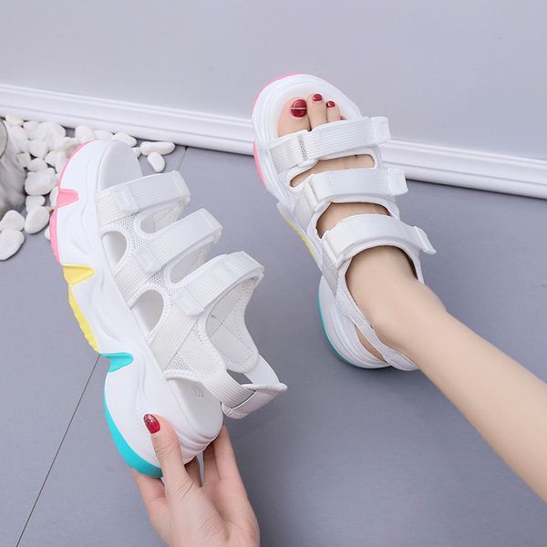 

women sandals colorful flat platform mesh breathable hook loop ladies summer walking shoes girls comfort non slip woman casual t200605, Black