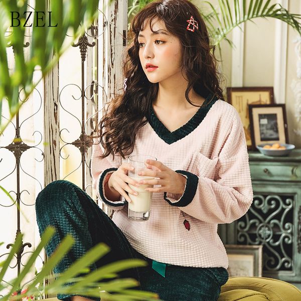 

bzel winter pajamas sets flannel sleepwear pyjamas women v-neck pijama mujer long sleeve sleep lounge nightwear flano underwear, Blue;gray