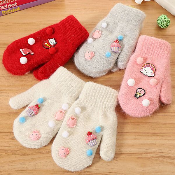 

christmas toddler kids children girl winter warm gloves thick fur knitted cute cartoon pattern print mittens, Blue;gray