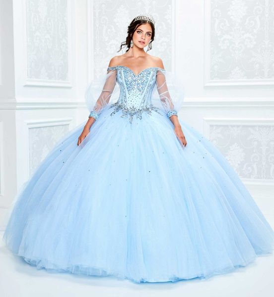 

light blue beaded prom dresses long sleeve off shoulder luxury quinceanera dress sweet 16 masquerad ball gowns corset ball gown evening wear, Blue;red