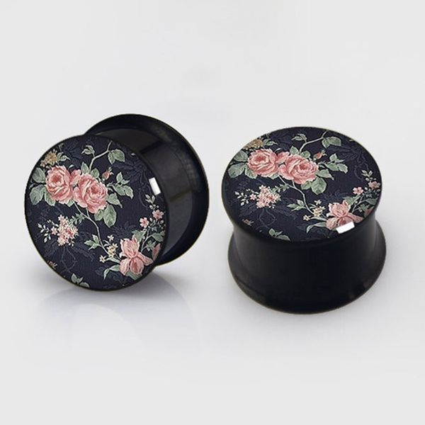 

1 пара цветочные стали ухо штекер датчики из нержавеющей стали анодированный черный двойной вспышки ухо штекер плоти туннель расширитель, Slivery;golden