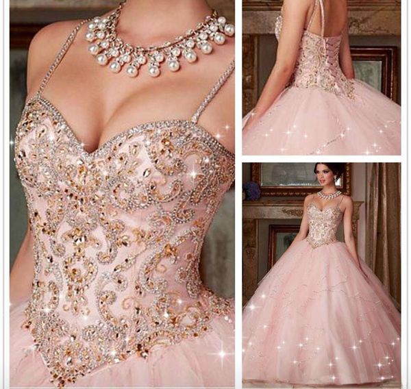 Сшитое Новая Quinceanera платье 2019 Новый розовый кристалл бальное платье платья для 15 16 лет Пром платье партии