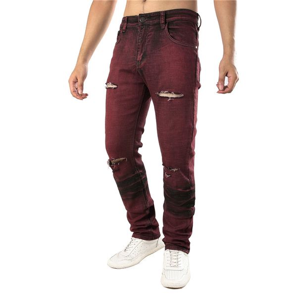 

Holes Red Straight Slim Mens Stretch Jeans Fashion Designer Mens Long Pants Male Clothing