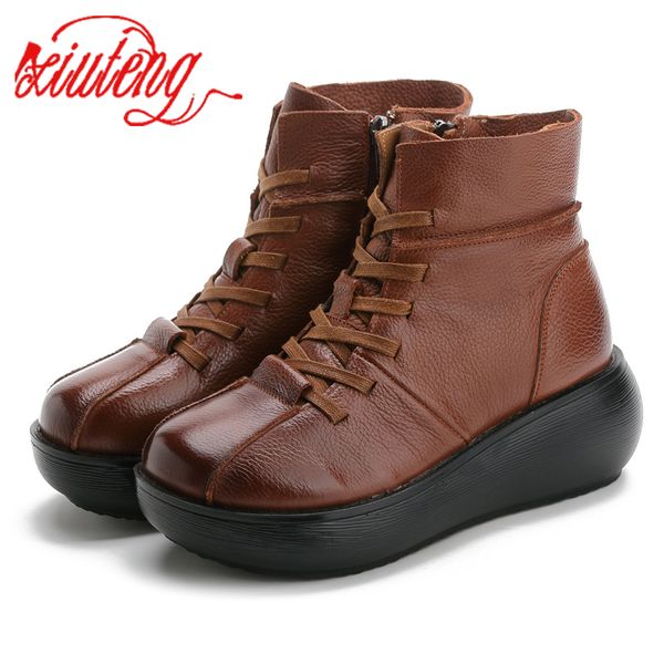 

xiuteng new genuineleather ankle boots women flat snow lace-up boots winter warm plush waterproof woman platform shoes plus size, Black