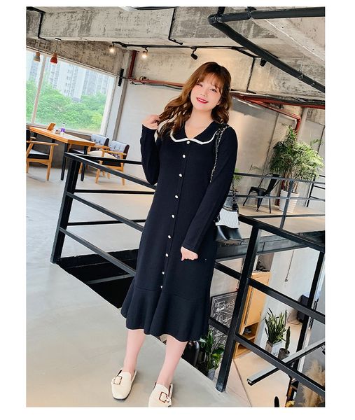 

large dress women's single-sleevelong long-sleeved 2019 autumn dress new lotus leaf-trimmed knitted skirt midi long dress, Black;gray
