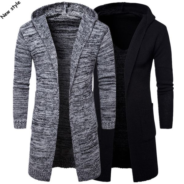 

fashion 2018 winter new long mens long sleeve v-neck cardigan hooded sweaters thick casual mens knit outerwear knitted, White;black