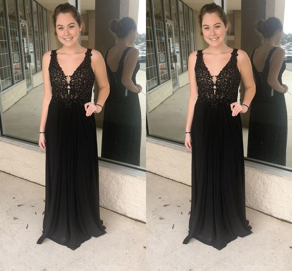 Abiti da sera neri con perline in pizzo Abiti da sera lunghi in chiffon con scollo a V profondo 2019 Abiti da sera robes de soiree robes de bal Prom Dress